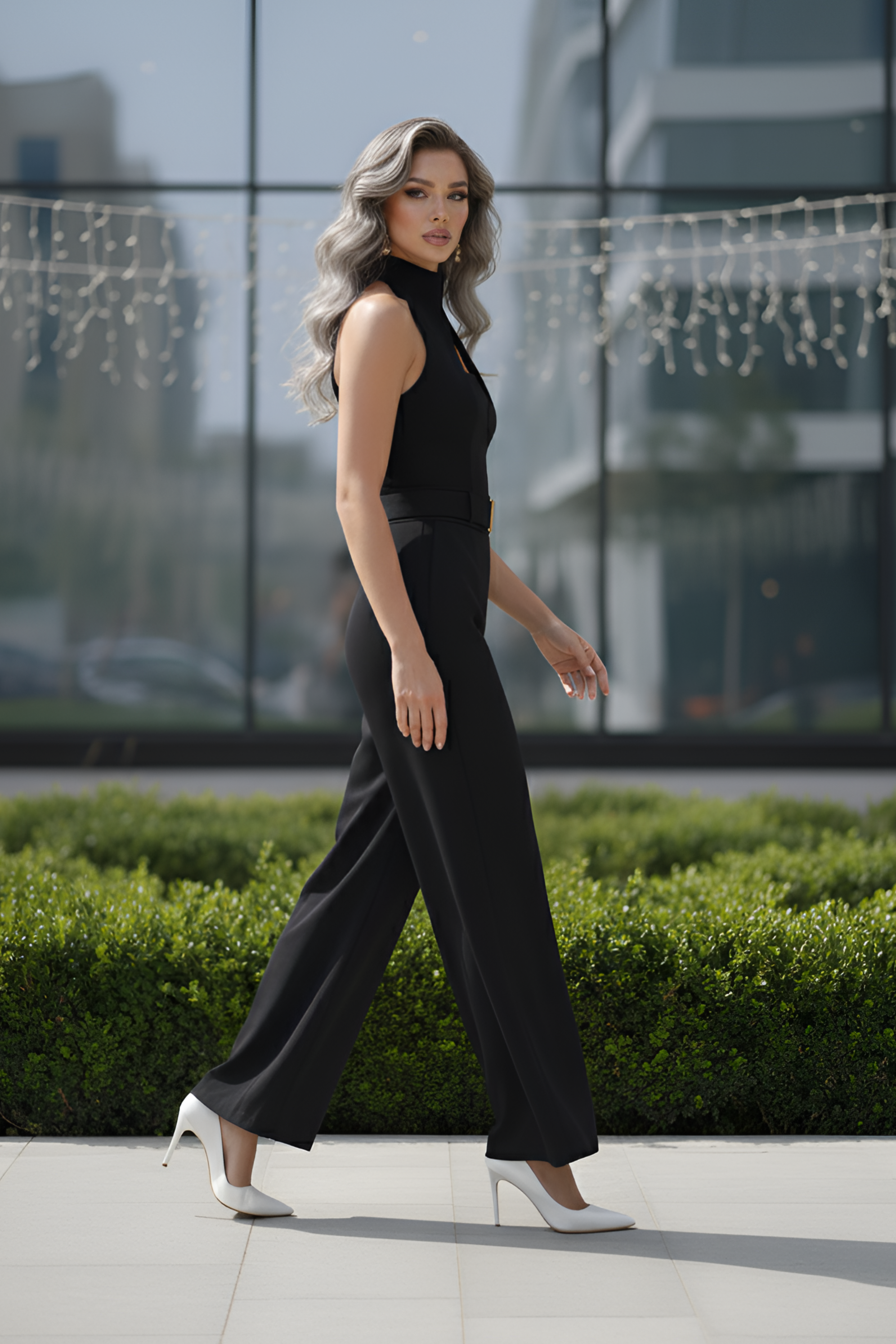 Black High-Collar Jumpsuit – Gold Buckle